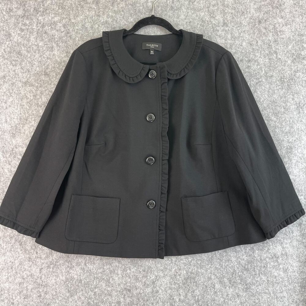 Talbots Blazer Jacket Womens 18W Black Ruffle Peter Pan Collar‎ Stretch Career